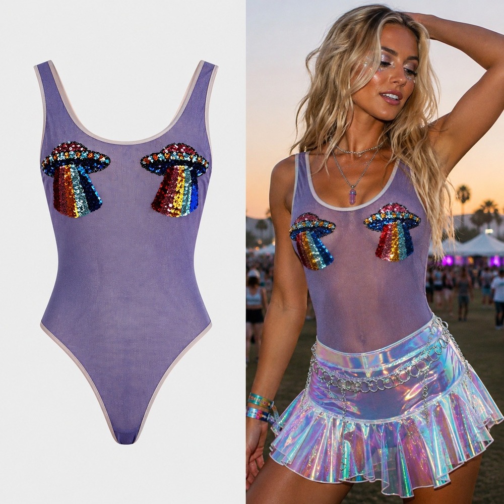 Bear Dance Purple Metallic UFO Sequin Bodysuit Rainbow Alien Festival Rave Small
